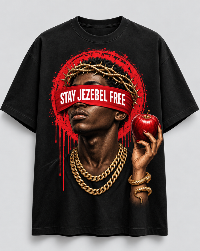 Blind Temptation black graphic t-shirt with blindfold and crown of thorns